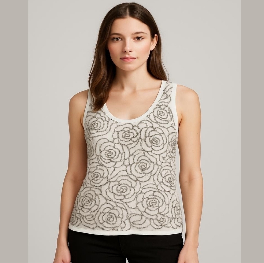 Design History White Sleeveless Silver Metall Ball Beaded Top Plus Size 1X